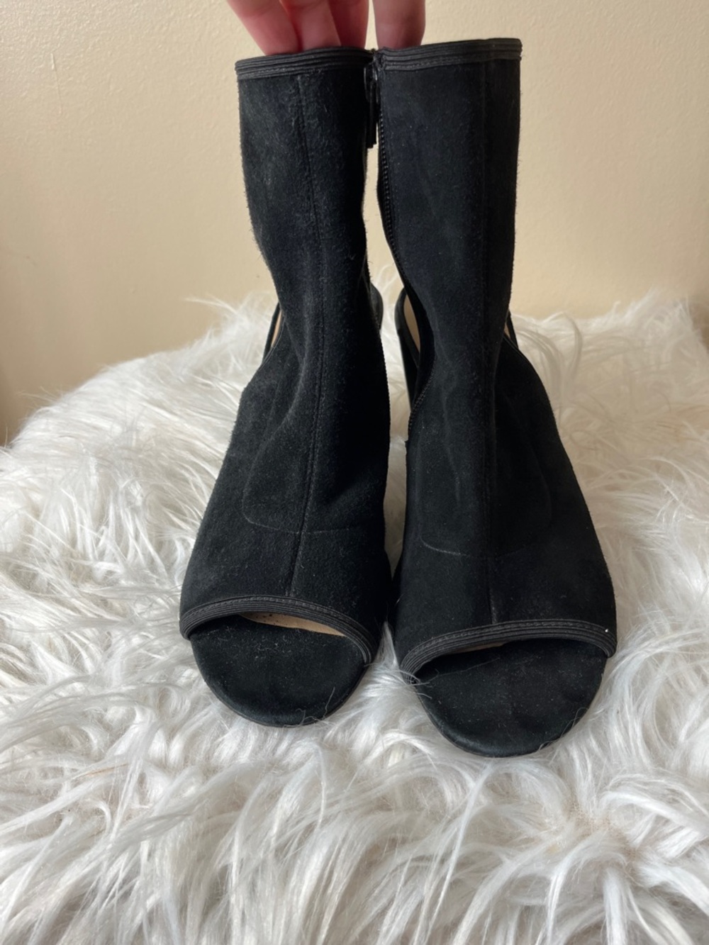 Diane Von Furstenberg Black Suede Open-Toe Ankle Boots. Size 9.